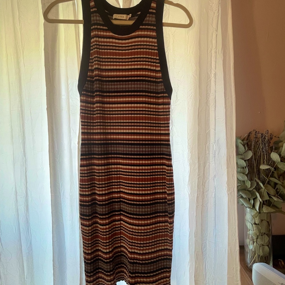 Lush ribbed tank top dress, brown, white and navy, size Large fits like Medium